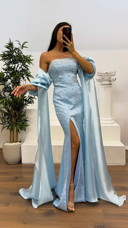 Bebe Mavi Balon Kol İnci Detay Abiye Elbise