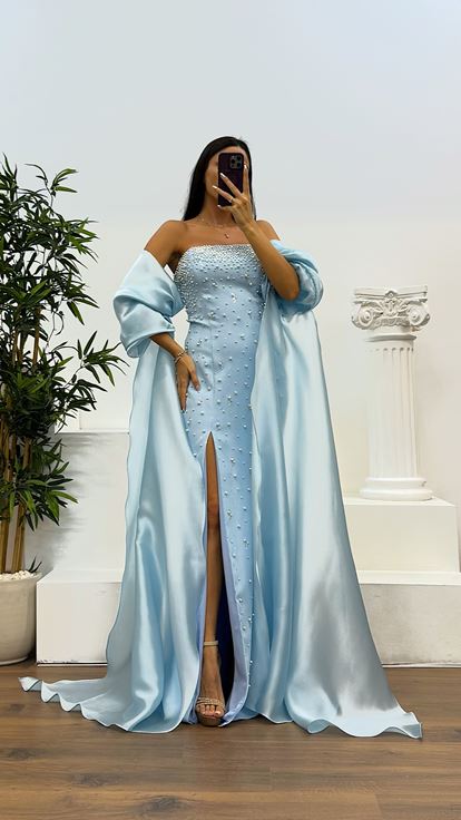 Bebe Mavi Balon Kol İnci Detay Abiye Elbise