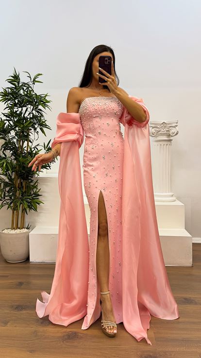 Pudra Balon Kol İnci Detay Abiye Elbise