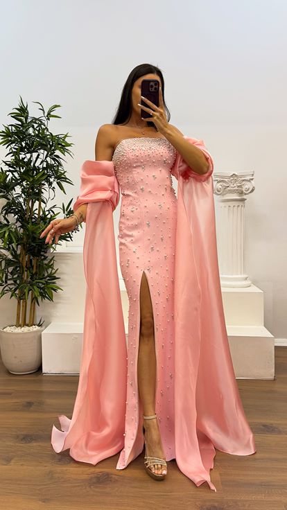 Pudra Balon Kol İnci Detay Abiye Elbise