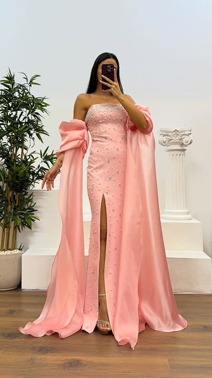 Pudra Balon Kol İnci Detay Abiye Elbise