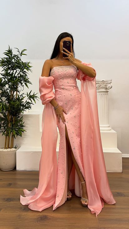 Pudra Balon Kol İnci Detay Abiye Elbise