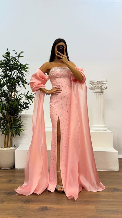 Pudra Balon Kol İnci Detay Abiye Elbise