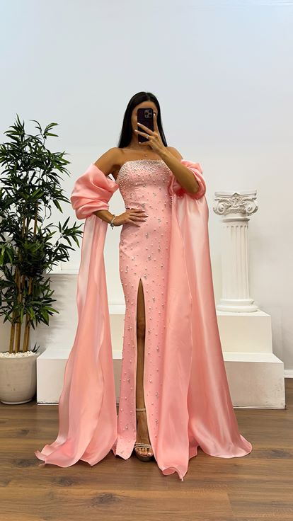 Pudra Balon Kol İnci Detay Abiye Elbise