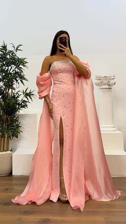 Pudra Balon Kol İnci Detay Abiye Elbise