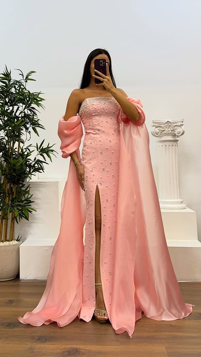 Pudra Balon Kol İnci Detay Abiye Elbise