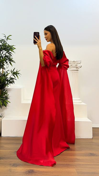 Kırmızı Balon Kol İnci Detay Abiye Elbise