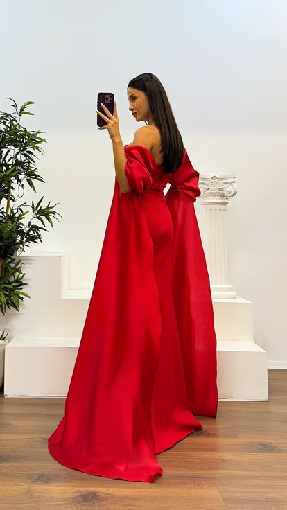 Kırmızı Balon Kol İnci Detay Abiye Elbise