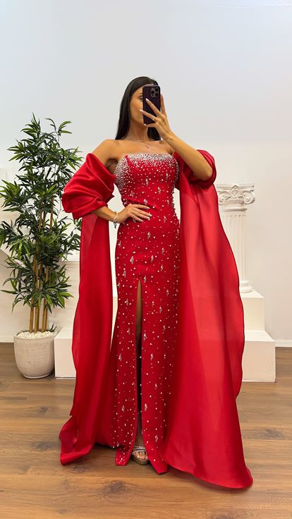 Kırmızı Balon Kol İnci Detay Abiye Elbise
