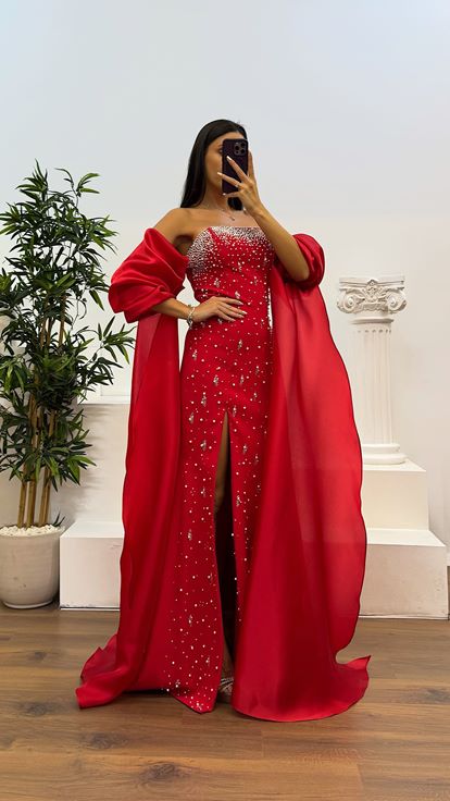 Kırmızı Balon Kol İnci Detay Abiye Elbise