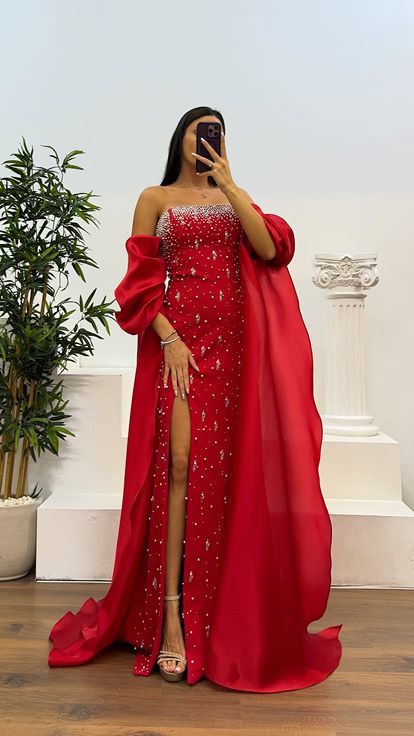 Kırmızı Balon Kol İnci Detay Abiye Elbise