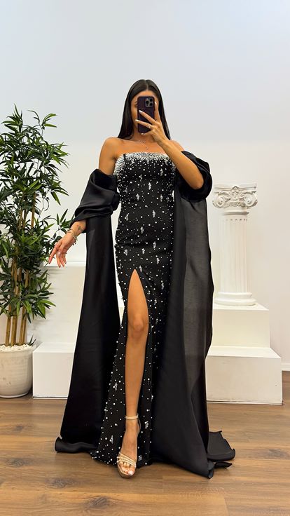 Siyah Balon Kol İnci Detay Abiye Elbise