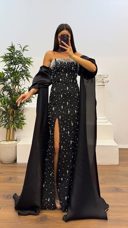 Siyah Balon Kol İnci Detay Abiye Elbise