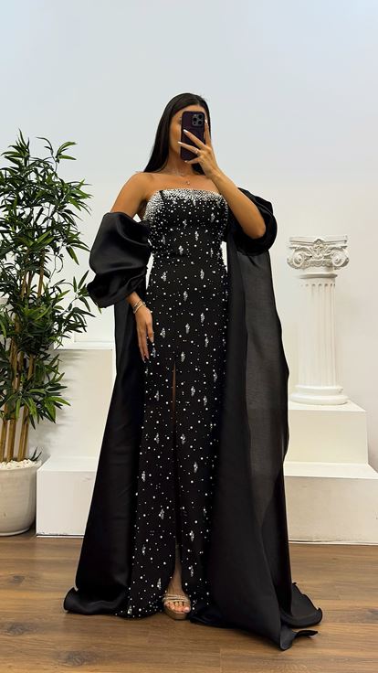 Siyah Balon Kol İnci Detay Abiye Elbise