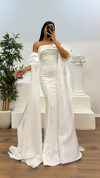 Kemik Balon Kol İşlemeli Abiye Elbise