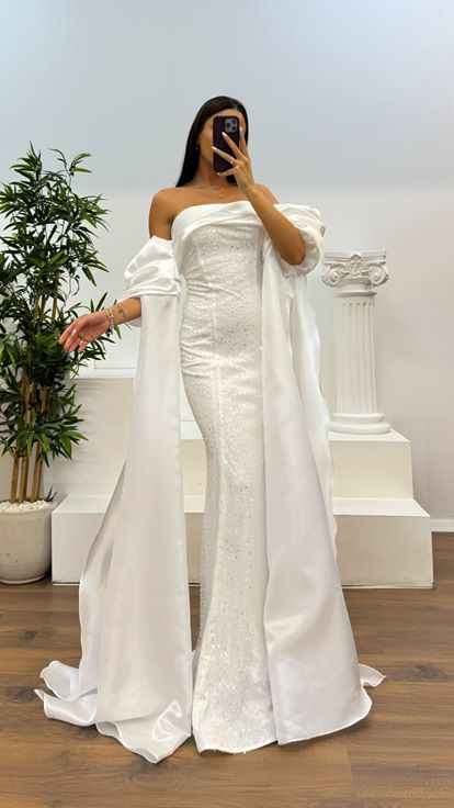 Kemik Balon Kol İşlemeli Abiye Elbise