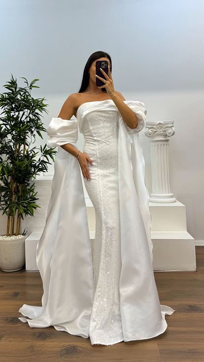 Kemik Balon Kol İşlemeli Abiye Elbise