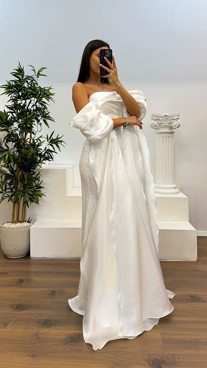 Kemik Balon Kol İşlemeli Abiye Elbise