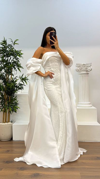 Kemik Balon Kol İşlemeli Abiye Elbise