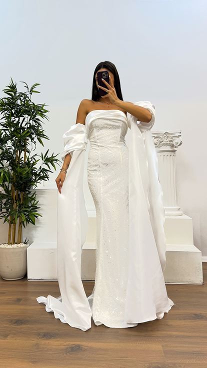 Kemik Balon Kol İşlemeli Abiye Elbise