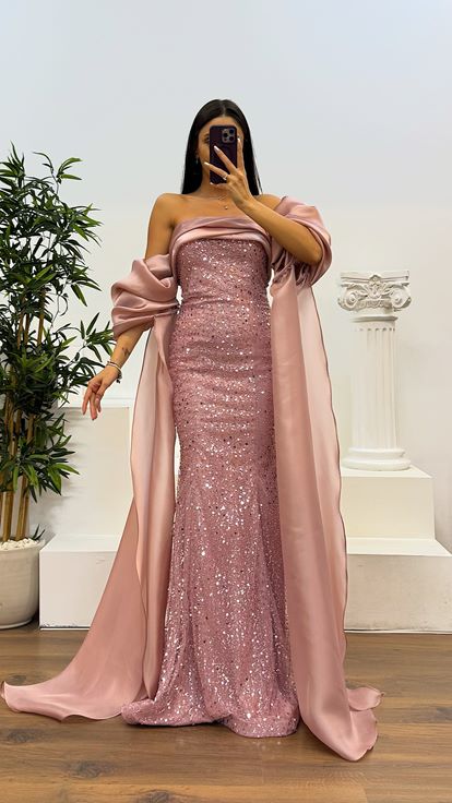 Pudra Balon Kol İşlemeli Abiye Elbise