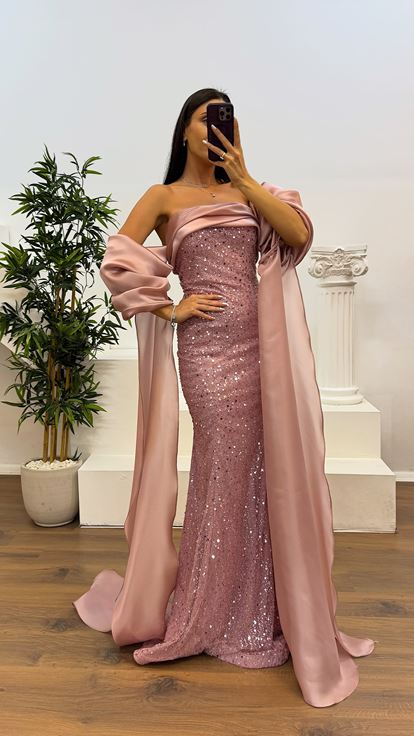 Pudra Balon Kol İşlemeli Abiye Elbise