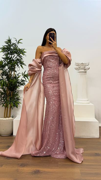 Pudra Balon Kol İşlemeli Abiye Elbise