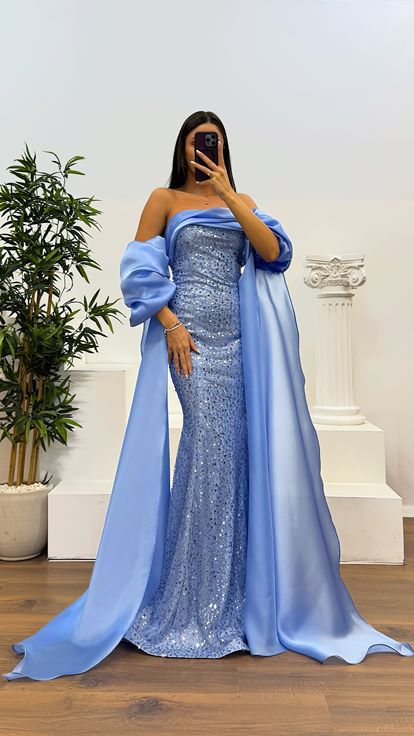 Bebe Mavi Balon Kol İşlemeli Abiye Elbise