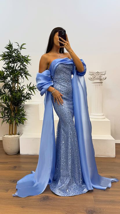 Bebe Mavi Balon Kol İşlemeli Abiye Elbise