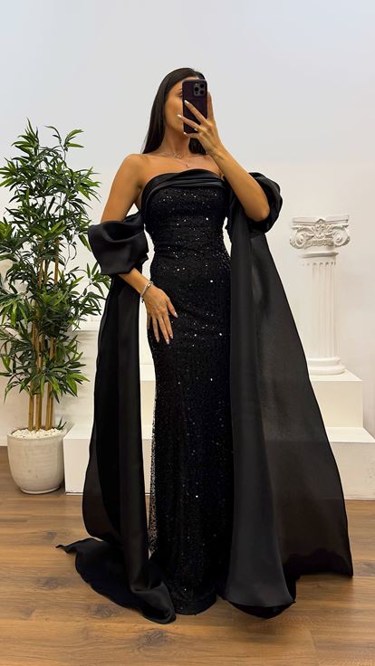 Siyah Balon Kol İşlemeli Abiye Elbise