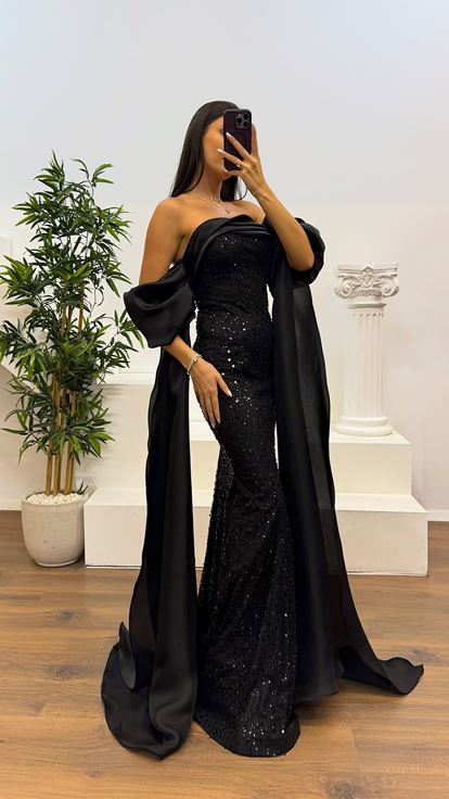 Siyah Balon Kol İşlemeli Abiye Elbise