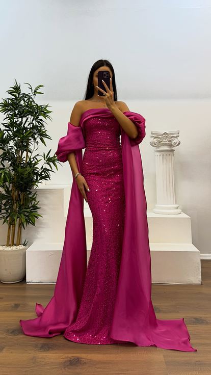 Fuşya Balon Kol İşlemeli Abiye Elbise