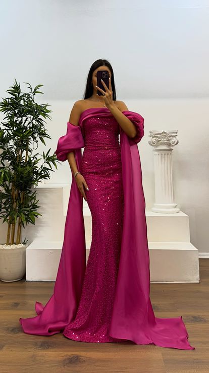 Fuşya Balon Kol İşlemeli Abiye Elbise