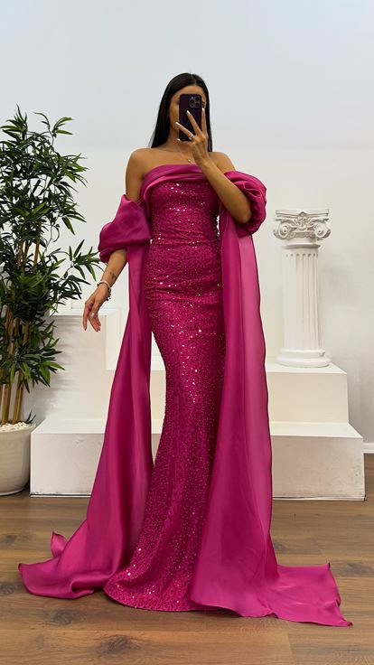 Fuşya Balon Kol İşlemeli Abiye Elbise