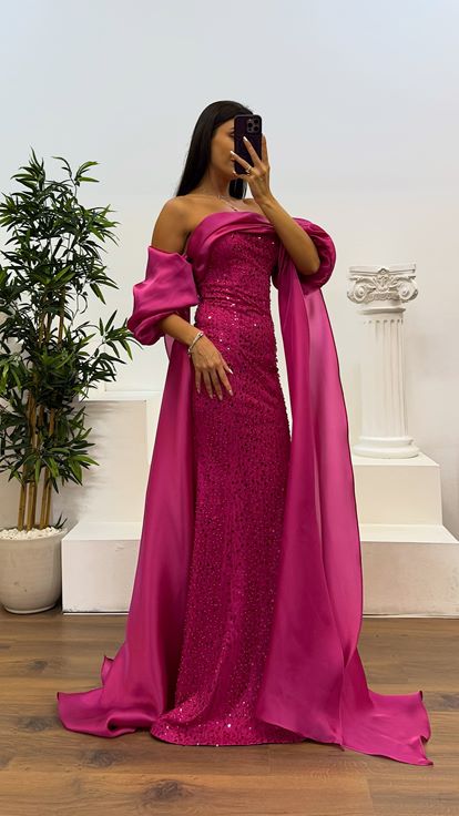 Fuşya Balon Kol İşlemeli Abiye Elbise