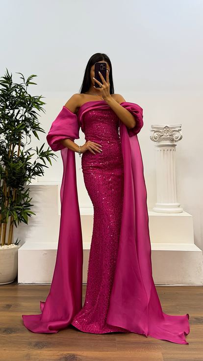 Fuşya Balon Kol İşlemeli Abiye Elbise