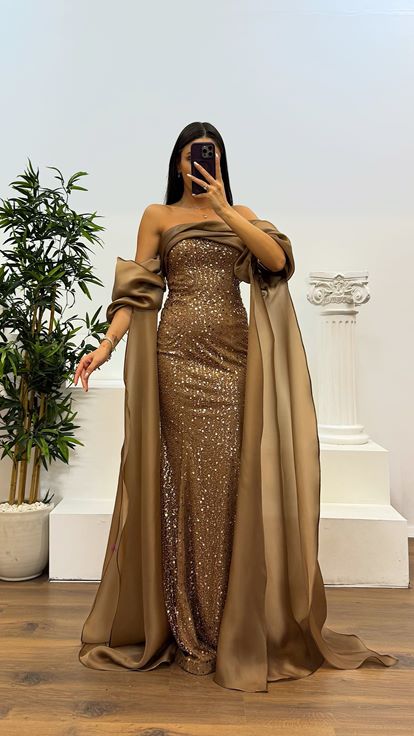 Kahve Balon Kol İşlemeli Abiye Elbise