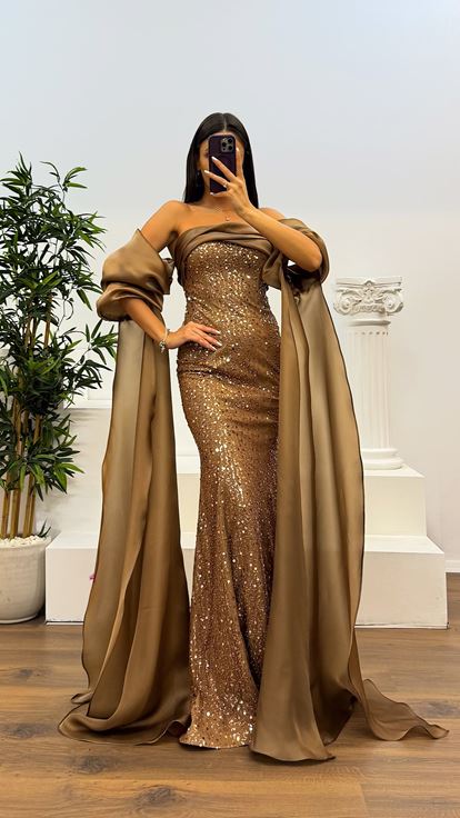 Kahve Balon Kol İşlemeli Abiye Elbise