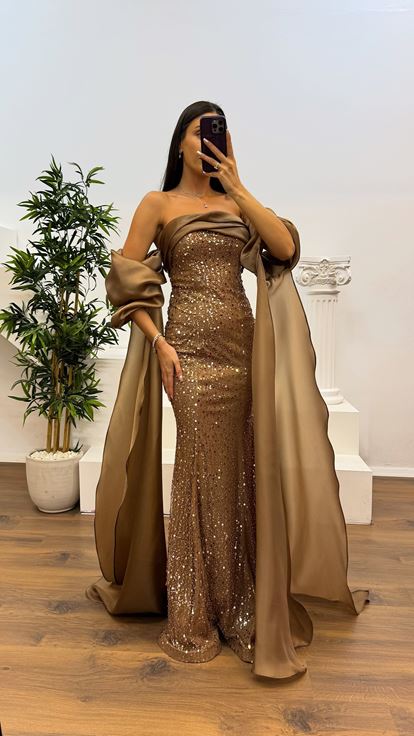 Kahve Balon Kol İşlemeli Abiye Elbise