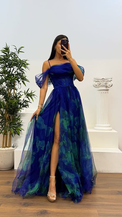 Saks Desenli Tül Abiye Elbise