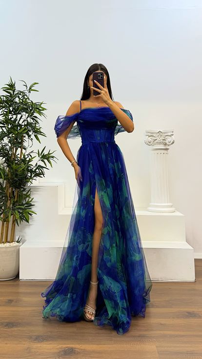 Saks Desenli Tül Abiye Elbise