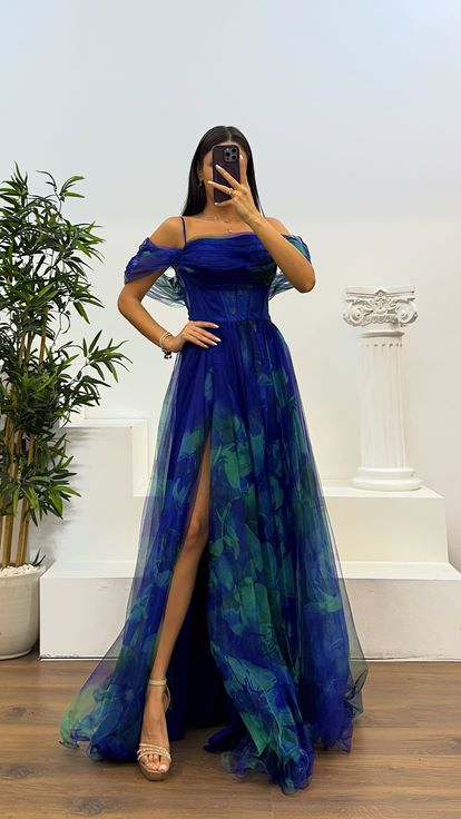 Saks Desenli Tül Abiye Elbise