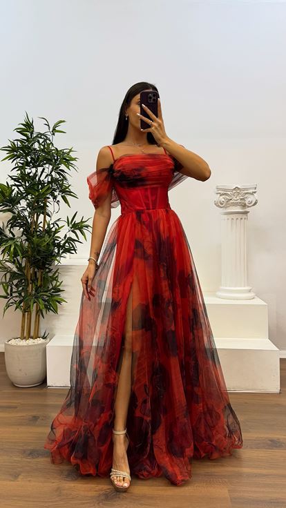 Red Patterned Tulle Evening Dress