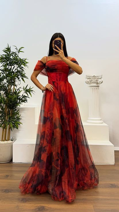 Red Patterned Tulle Evening Dress