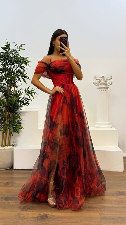 Red Patterned Tulle Evening Dress