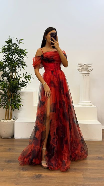 Red Patterned Tulle Evening Dress