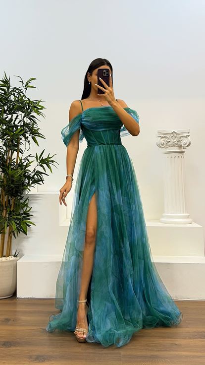 Light Green Patterned Tulle Evening Dress