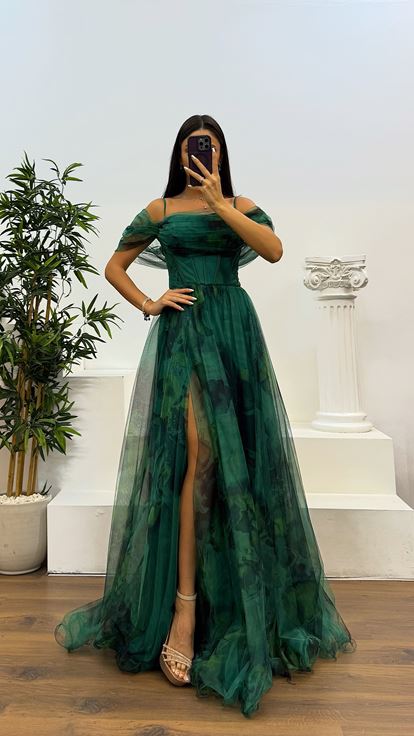 Yeşil Desenli Tül Abiye Elbise