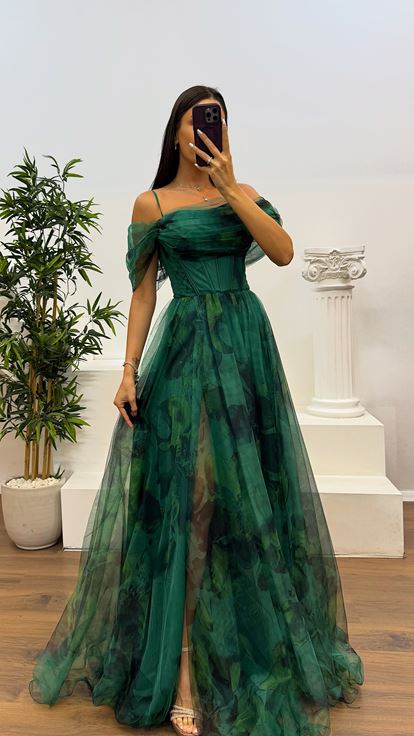 Yeşil Desenli Tül Abiye Elbise