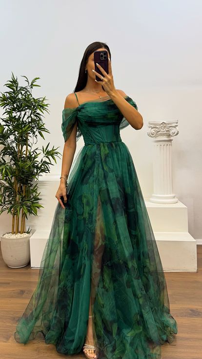 Yeşil Desenli Tül Abiye Elbise